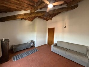 A room with a wooden ceiling, a sofa, a bed, and a door.