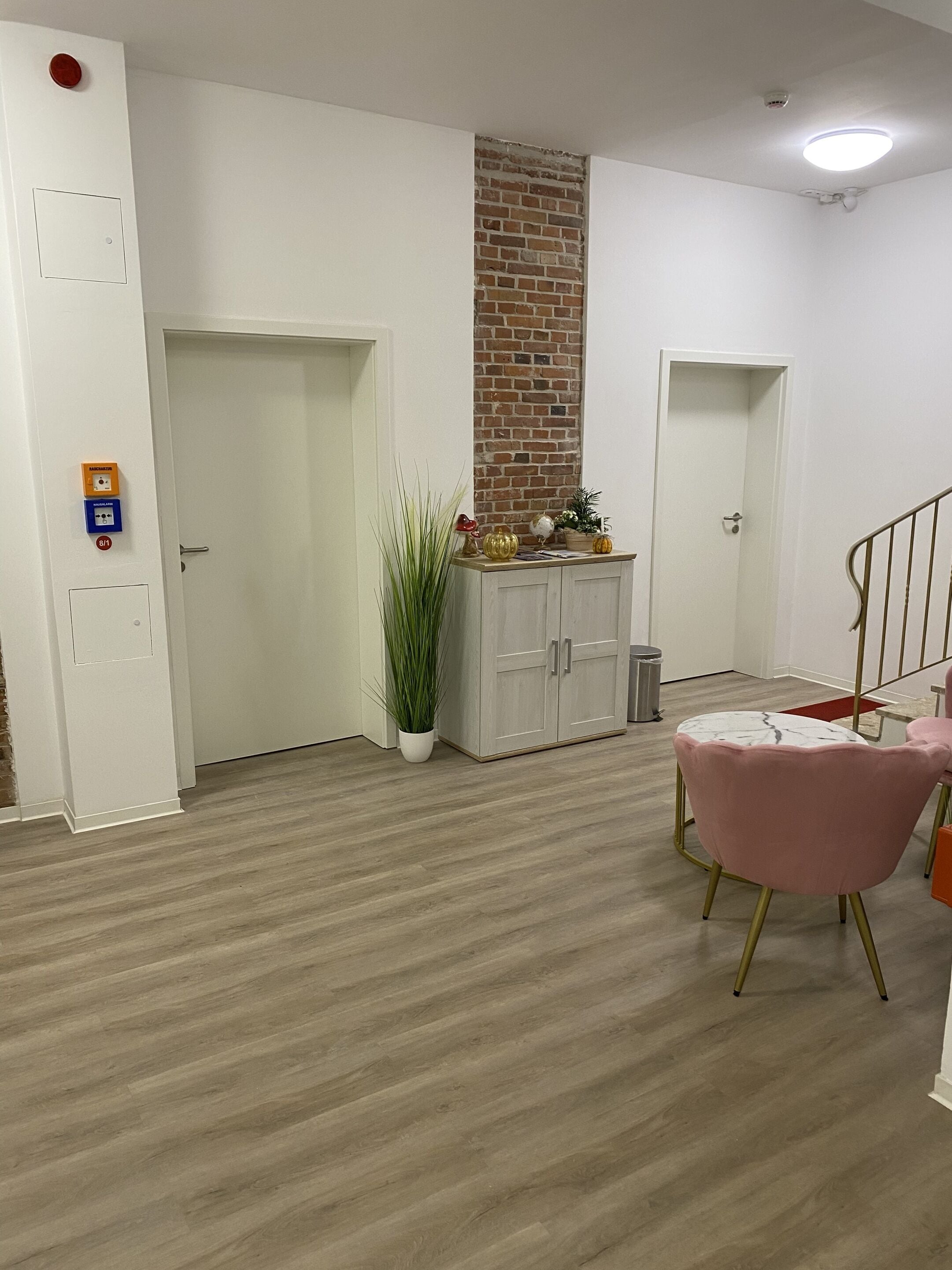 Una habitación con suelo de madera, una puerta blanca, pared de ladrillo, un armario blanco, una planta en maceta y una silla rosa.