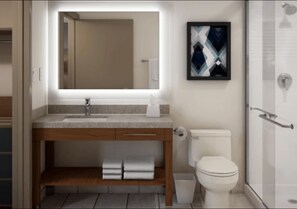 Suite estudio, para no fumadores, cocina | Baño | Tina con regadera, secadora de cabello, toallas, jabón 