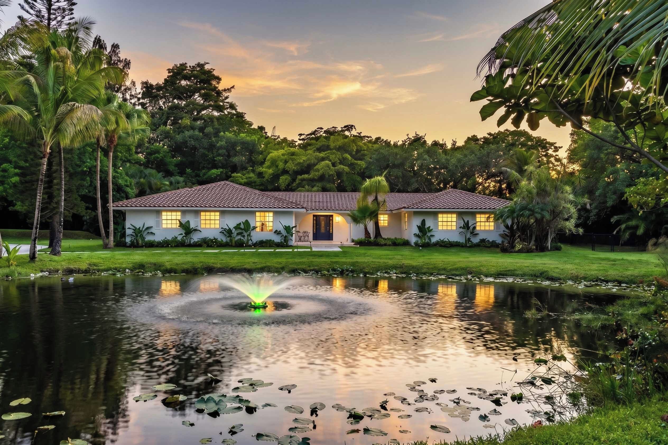 A two-story house with a tiled roof, surrounded by lush greenery and a pond with a fountain.
