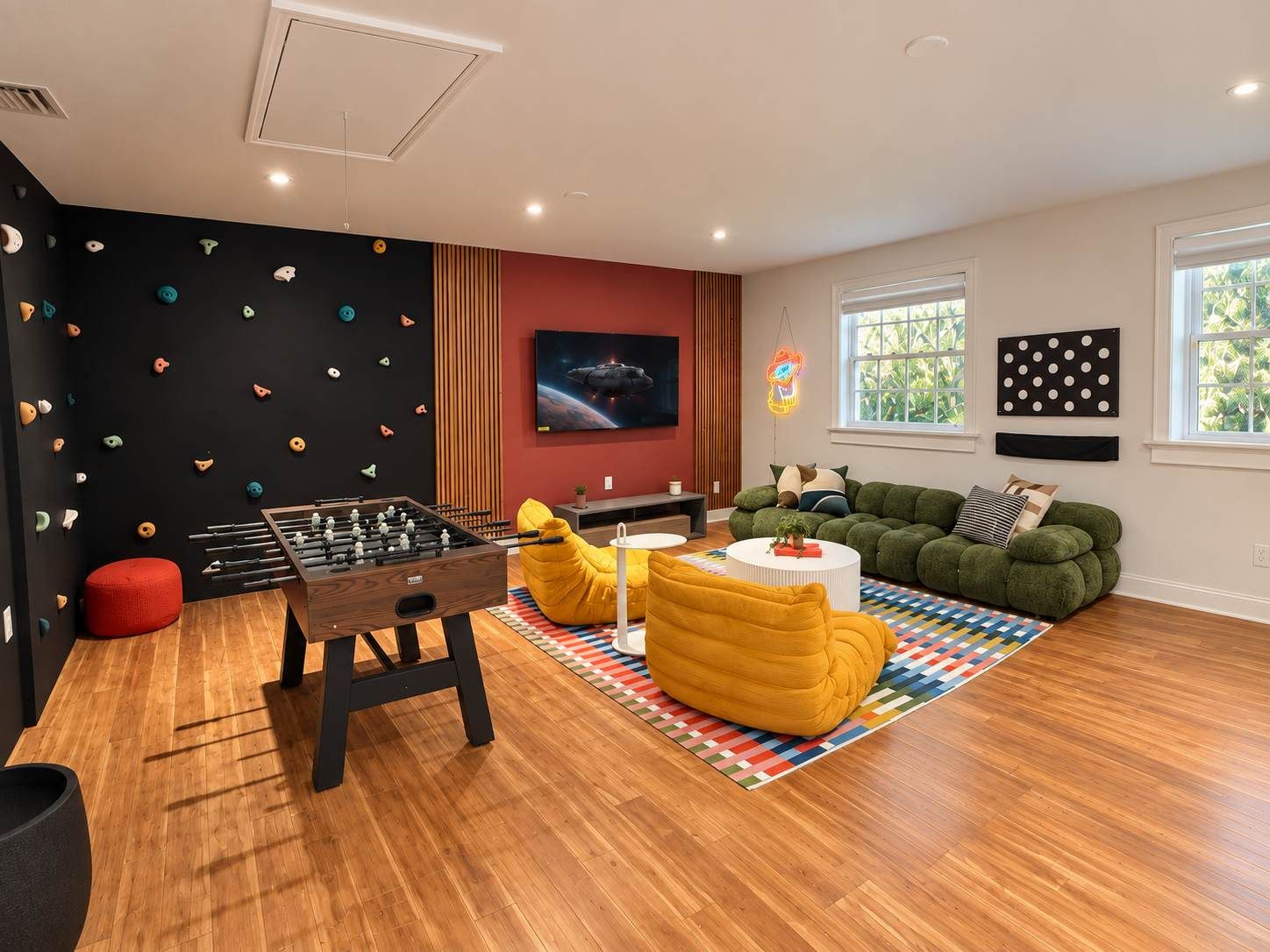 A modern living room with a foosball table, a sofa, and a colorful rug.