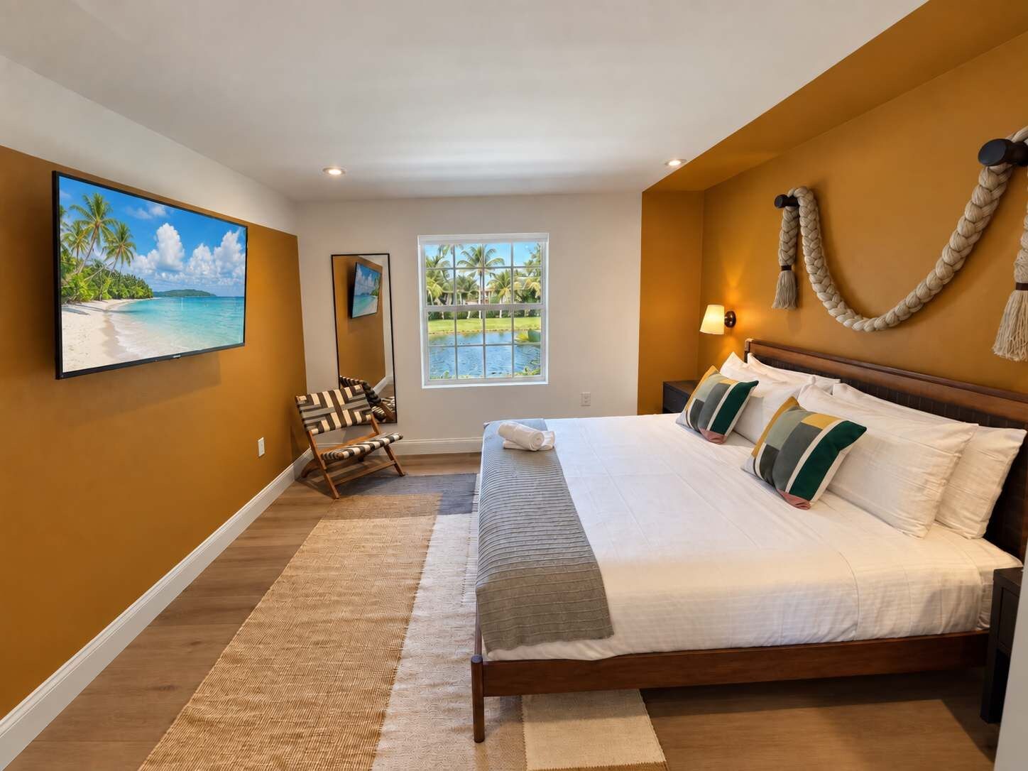 A bedroom with a large bed, a chair, a TV, and a window with a view of palm trees.