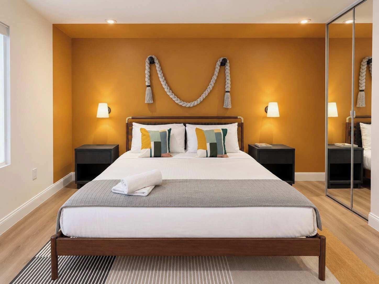 A hotel room with a bed, two bedside tables, a mirror, and a wall-mounted light fixture.