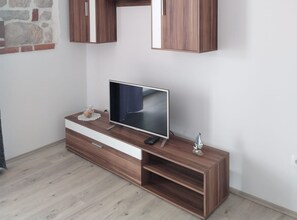 Ein modernes Wohnzimmer mit Flachbildfernseher auf einem Holztischchen, einem kleinen dekorativen Segelboot und einer Steinwand.