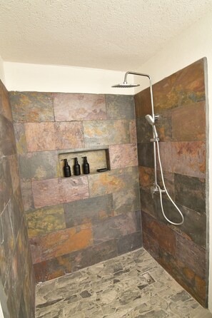 Shower, hair dryer, towels, soap - 1.1-bed with A/C, roomy living, stainless kitchen, cozy bedroom, sleek bathroom. (Monchy)