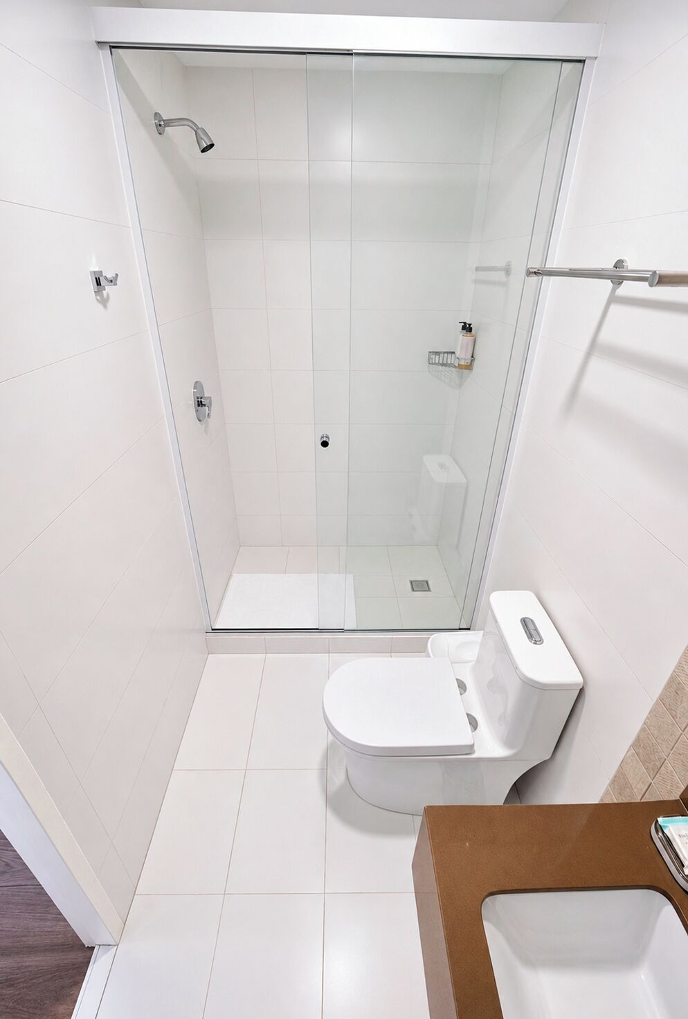 A modern bathroom with a glass-enclosed shower, a white toilet, and a sink.