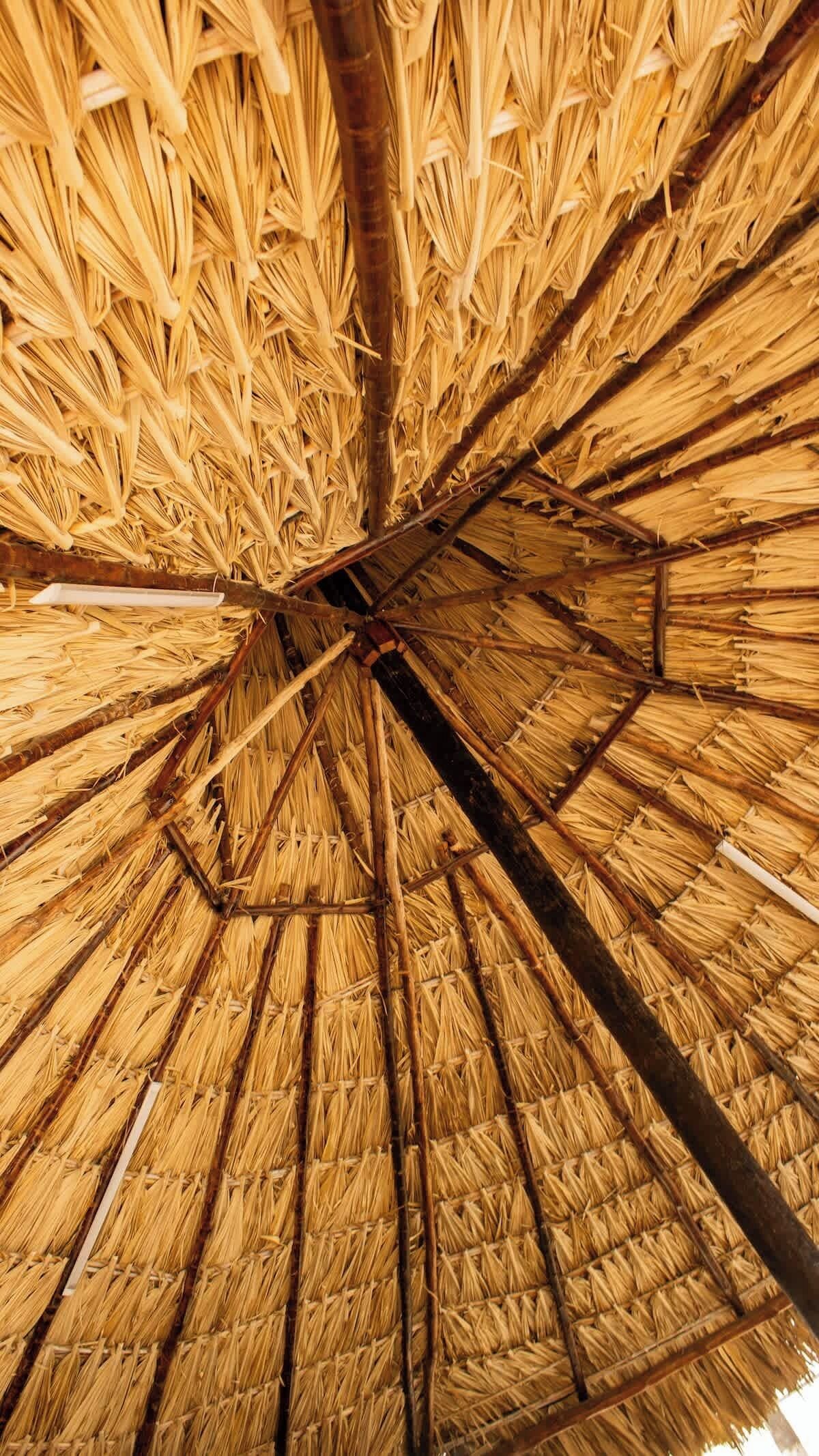 Een rieten dakconstructie met een centrale houten balk en spirobalken.