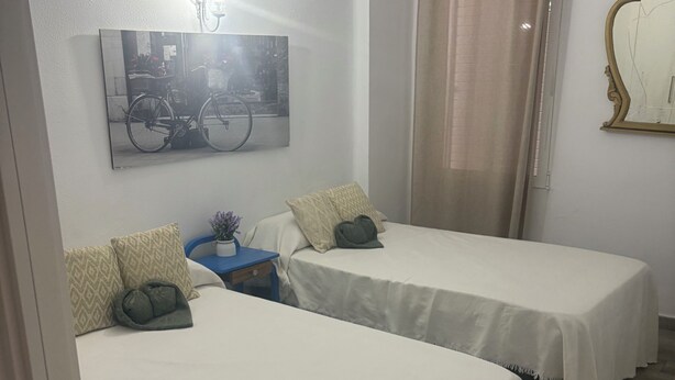 A hotel room with two single beds, a small table with a plant, a wall-mounted mirror, and a framed picture above the beds. - Well-located apartment (Platja de l'Arenal)