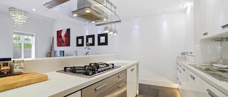 Una cocina moderna con estufa a gas, electrodomésticos de acero inoxidable y un diseño elegante.