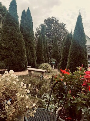 A garden with a bench, potted plants, and a variety of trees.