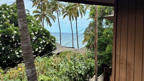 Udsigt fra en overdækket veranda med træværk, der kigger ud over en frodig have med forskellige planter og med palmer samt havet i baggrunden.