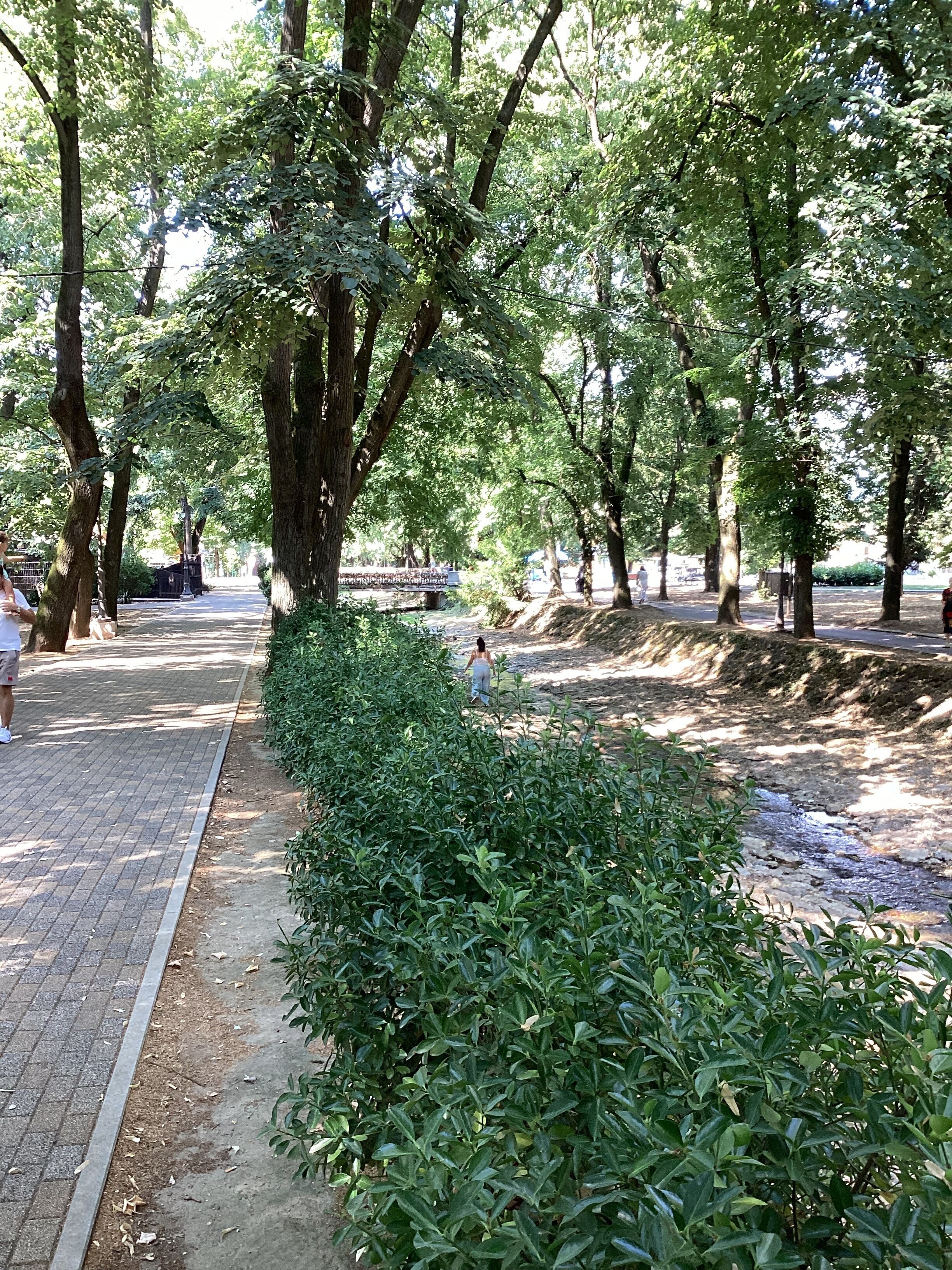 Un sentier pavé, bordé d’une végétation luxuriante et d’arbres, mène à un pont qui enjambe un ruisseau.