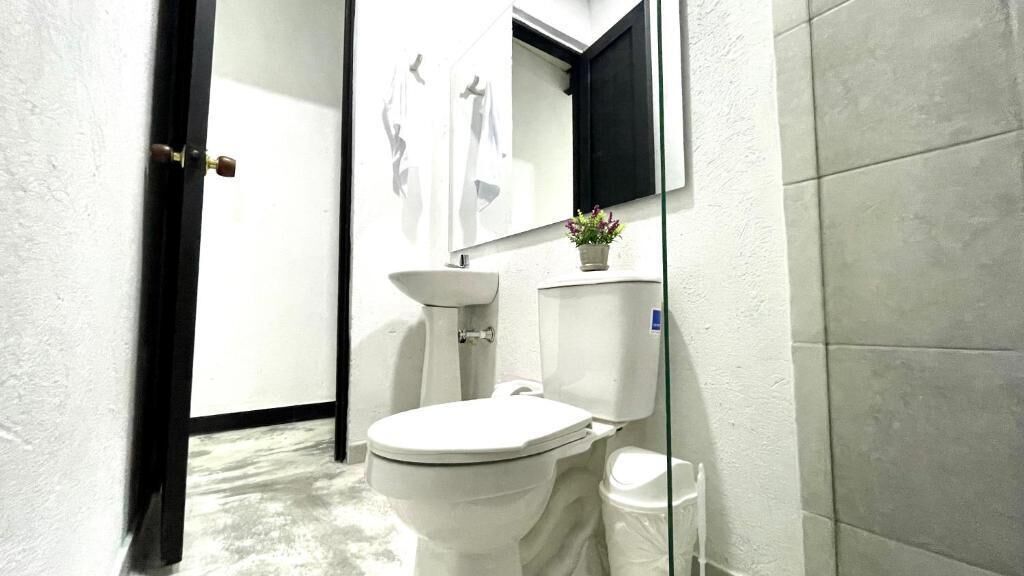 A bathroom with a toilet, sink, and mirror.