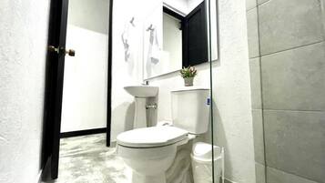 A bathroom with a toilet, sink, and mirror.