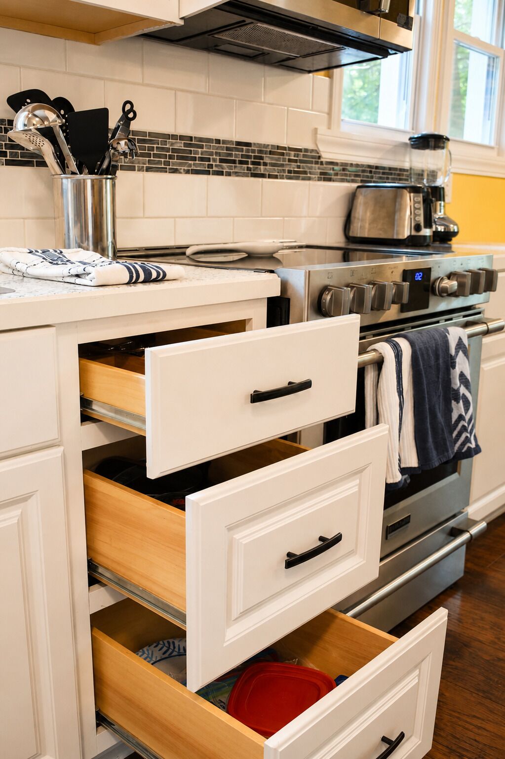 A kitchen with white cabinets, a stainless steel range hood, and a window with a view of greenery.