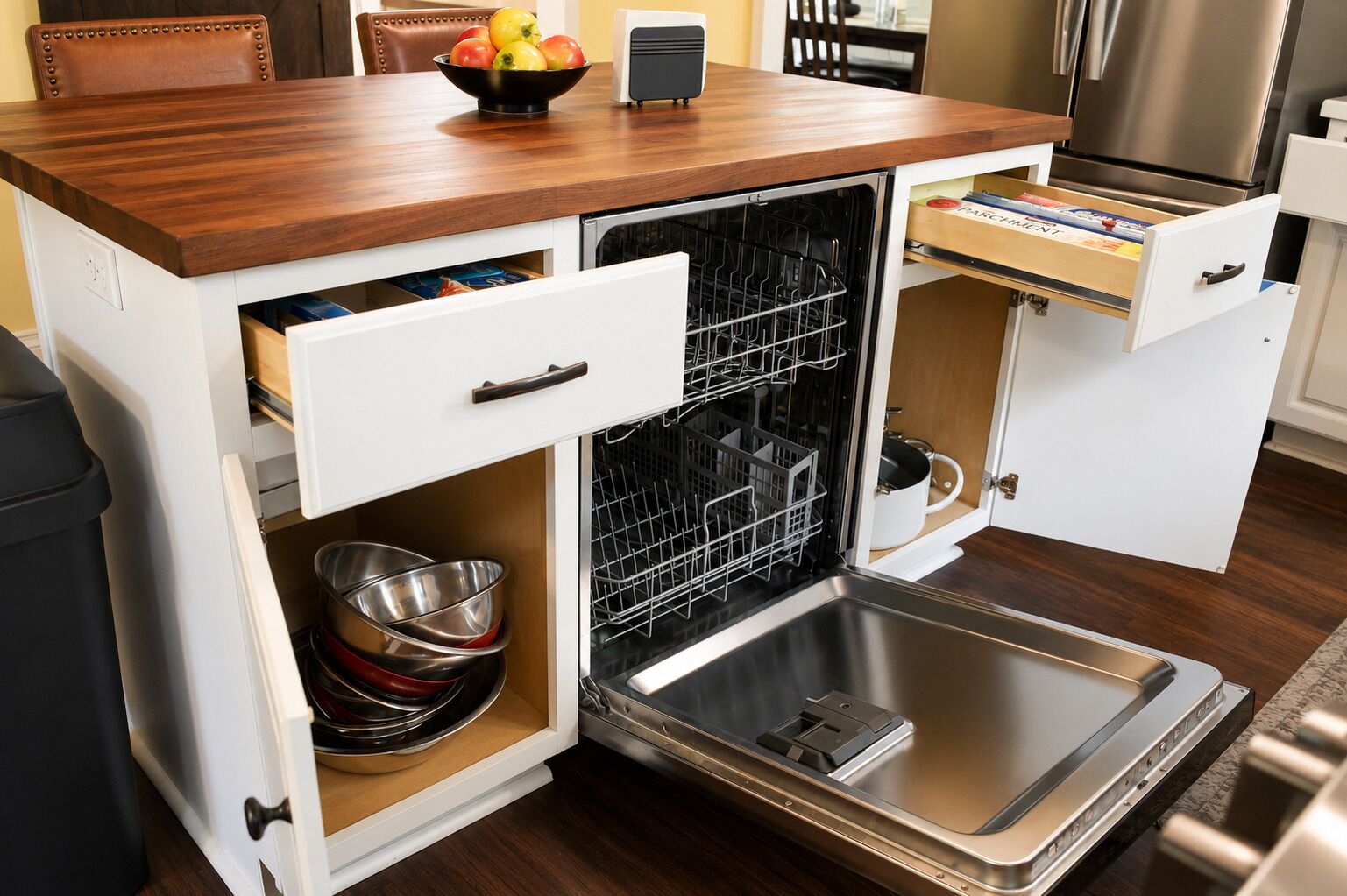 Una cocina compacta con lavavajillas, un lavamanos y una encimera con un bol de fruta.