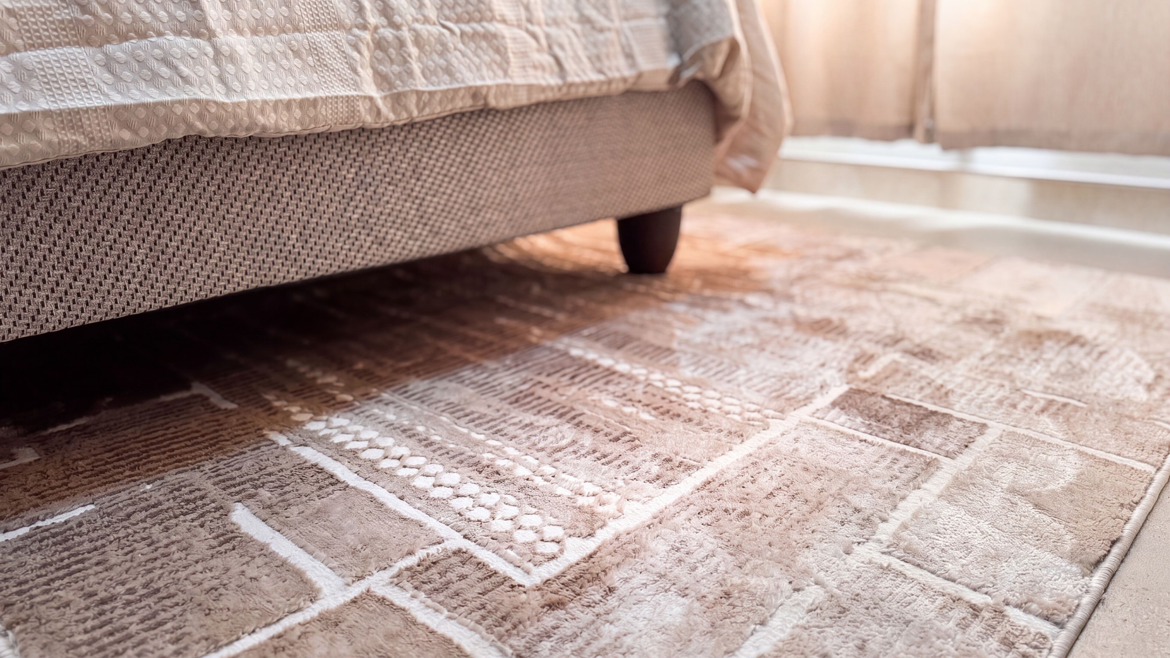 A bed with a textured cover and a patterned rug under it.