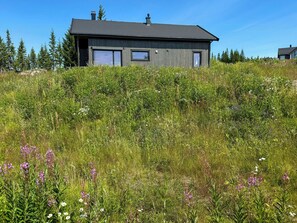 A modern house with a dark roof and large windows, surrounded by a lush, wildflower meadow. - Scandinavian cabin with ski-in/ski-out access (Innlandet)