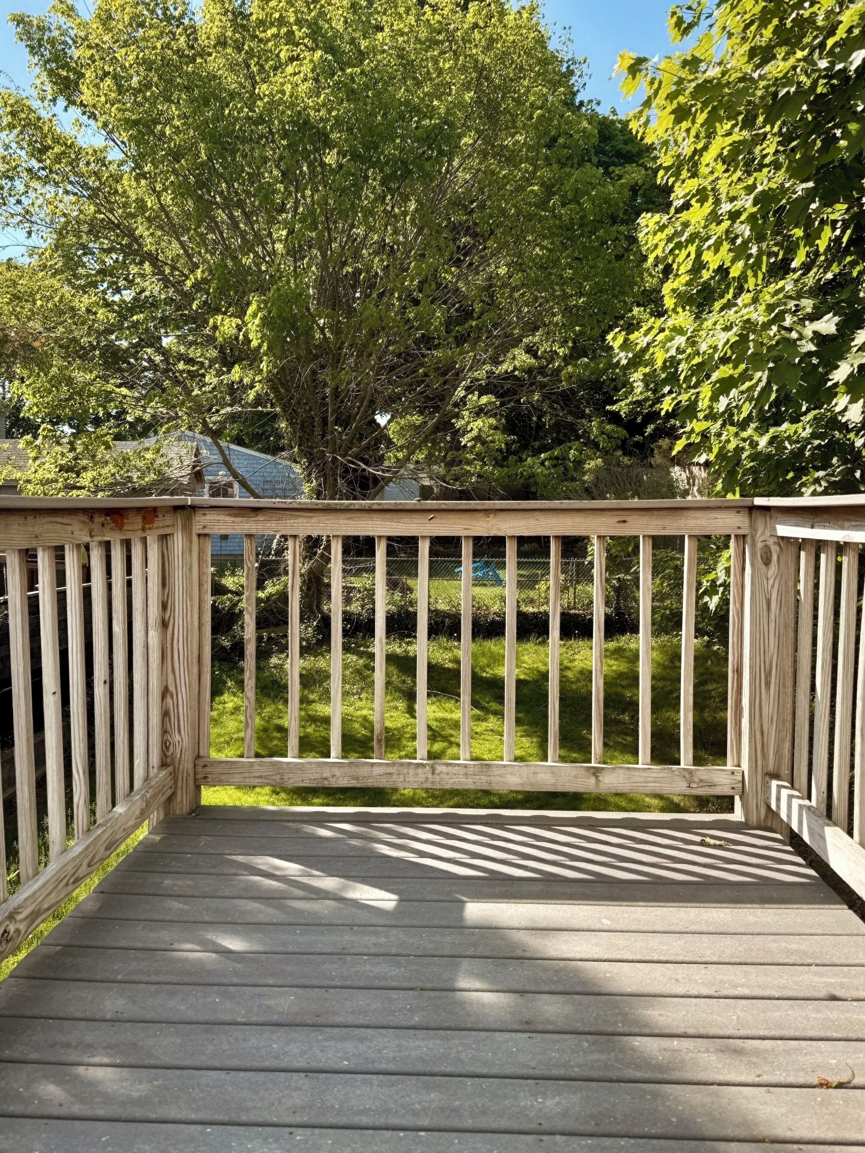 A wooden deck with a railing, surrounded by greenery and trees.