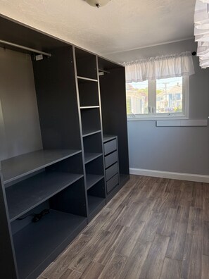 A room with a built-in closet, a window with a view, and a wooden floor.
