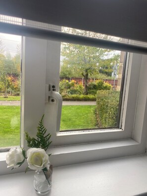 Ein Fenster mit Blick auf eine grüne Wiese und Bäume, eine weiße Wand und eine kleine Vase mit weißen Blumen.