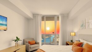 Quarto de hotel com cama, uma cadeira, mesa de cabeceira, luminária, planta e vista para a paisagem urbana e para a água.