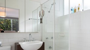 A modern bathroom with a white sink, a mirror, and a glass-enclosed shower. - The Courtyard on Buckley (Moonee Ponds)