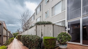 A residential building with a paved pathway, a wooden fence, and a potted plant. - The Courtyard on Buckley (Moonee Ponds)