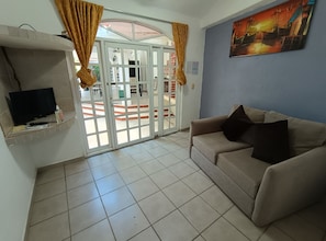 Una habitación con un sofá, una televisión, una puerta con paneles de vidrio y un cuadro en la pared.