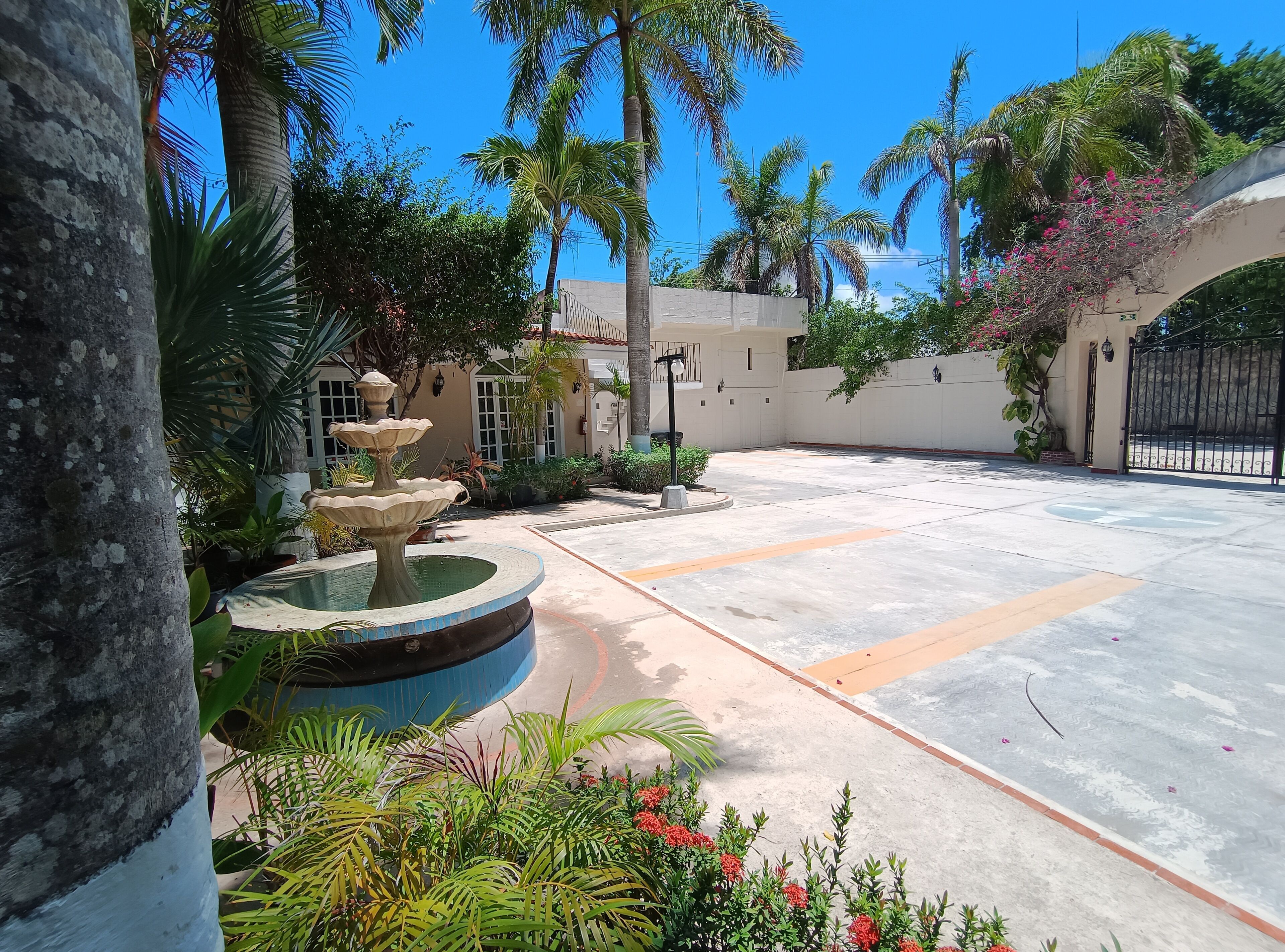 A courtyard with a fountain, palm trees, and a gated entrance.