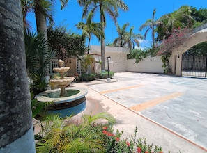 Un patio con una fuente, palmeras y una entrada con reja.