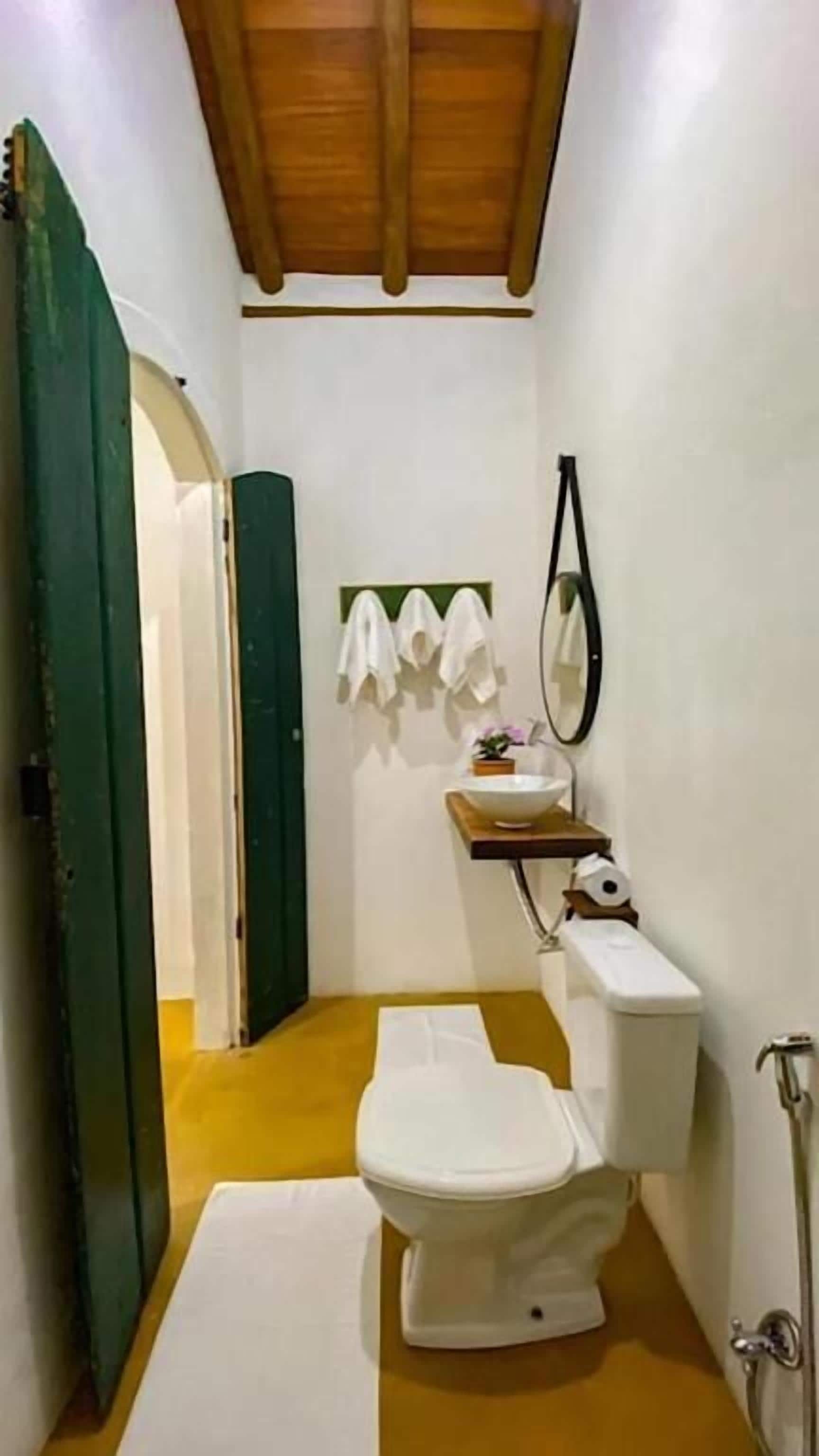 A narrow bathroom with a white toilet, a small sink, and a mirror.