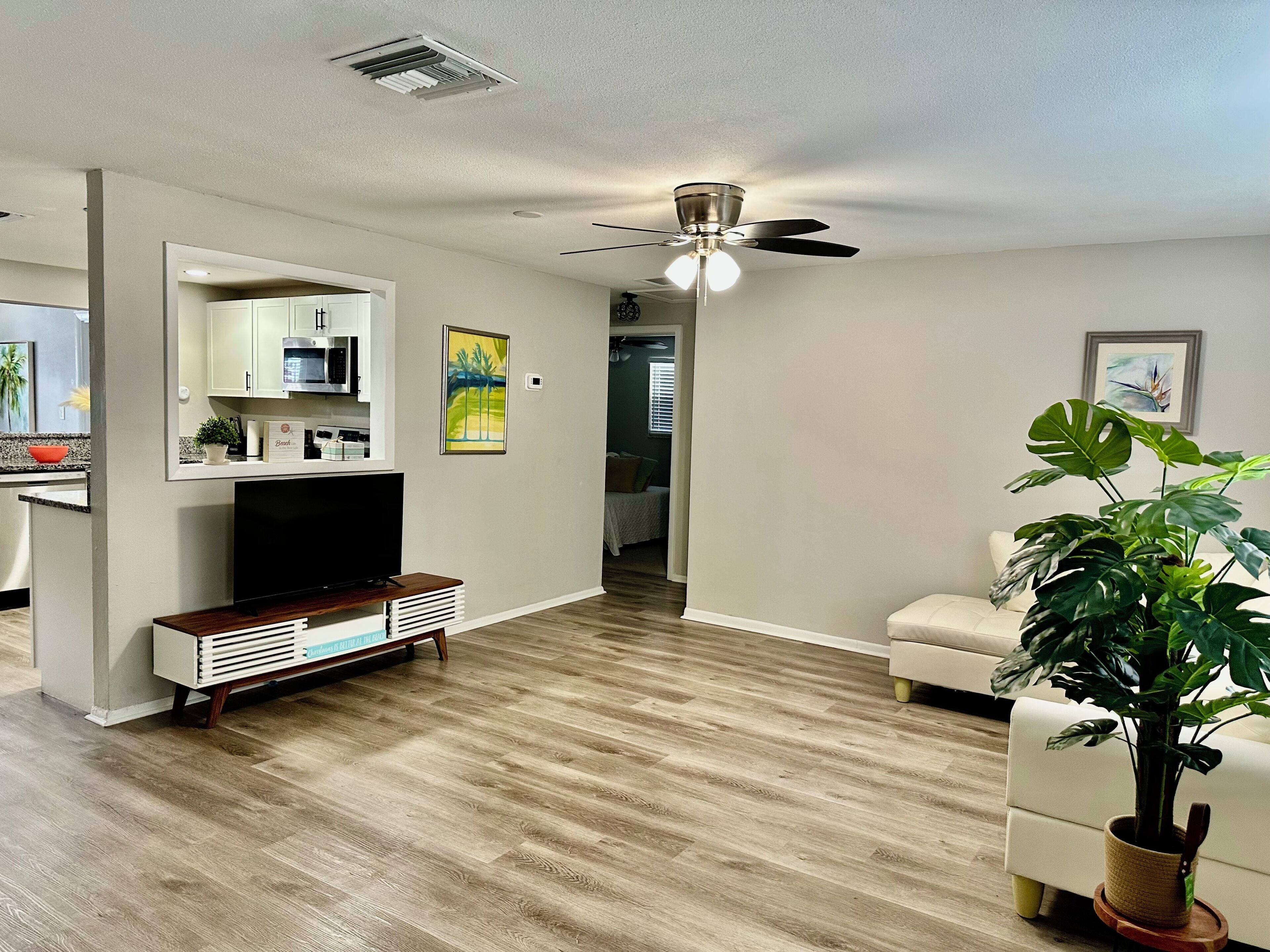 A modern living room with a flat-screen TV, wooden flooring, a ceiling fan, and a potted plant.