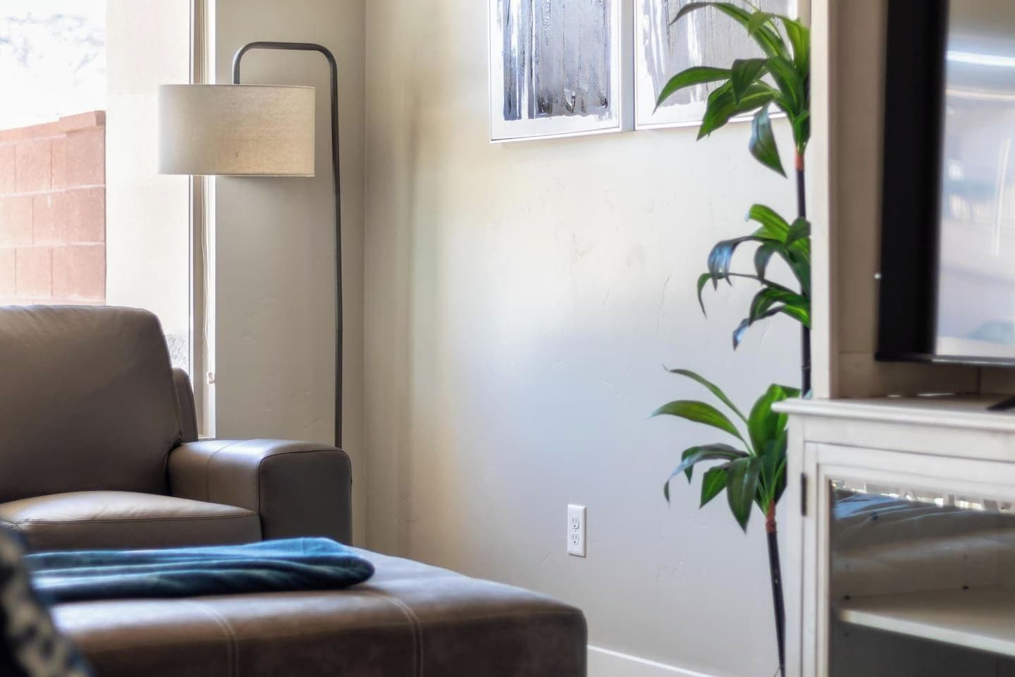 A living room with a sofa, a floor lamp, a television, and a plant.