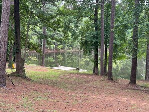 A forested area with a dock extending into a calm lake, surrounded by tall trees. - Adorable 3-bedroom  home great for fishing on a private lake in Central Georgia (Macon)
