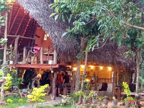 A rustic building with a thatched roof, surrounded by greenery and potted plants.