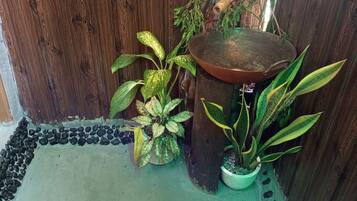 A corner with a wooden fence, a concrete floor, and potted plants.