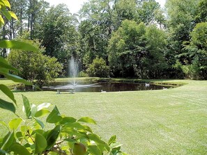 A park with a pond, a fountain, and a grassy area. - Currituck Waterfowl Homestead – Pond, Club Room, 10 minutes to Outer Banks (Powells Point)