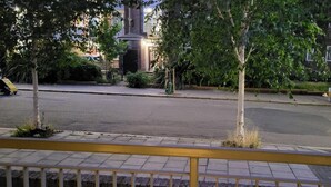 Vista da rua com calçada, árvores e um edifício com fachada de tijolos.