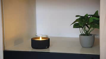 A candle in a black holder on a shelf, a potted plant to the right, and a white wall in the background.