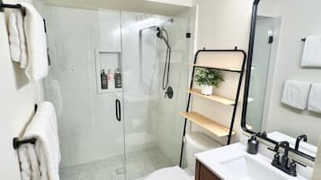Shower, hair dryer, towels, soap