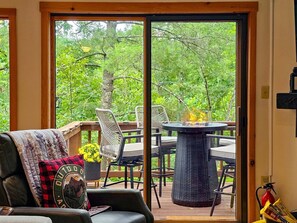 Un espace de détente intérieur confortable avec une cheminée, une terrasse dotée de mobilier d’extérieur et une vue sur une zone boisée.