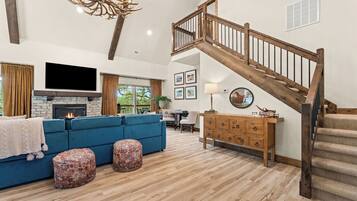 Smart TV, fireplace, books