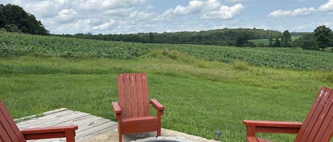A fire pit with chairs around it, set on a concrete surface with a grassy field and trees in the background.
