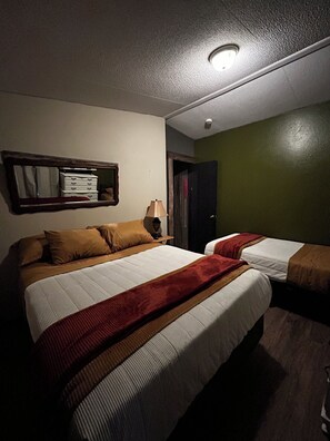 A hotel room with a large bed, a smaller bed, a mirror, a lamp, and a wardrobe. - Your Own Private Storybrook Retreat

Everyone can gather! (Pineville)