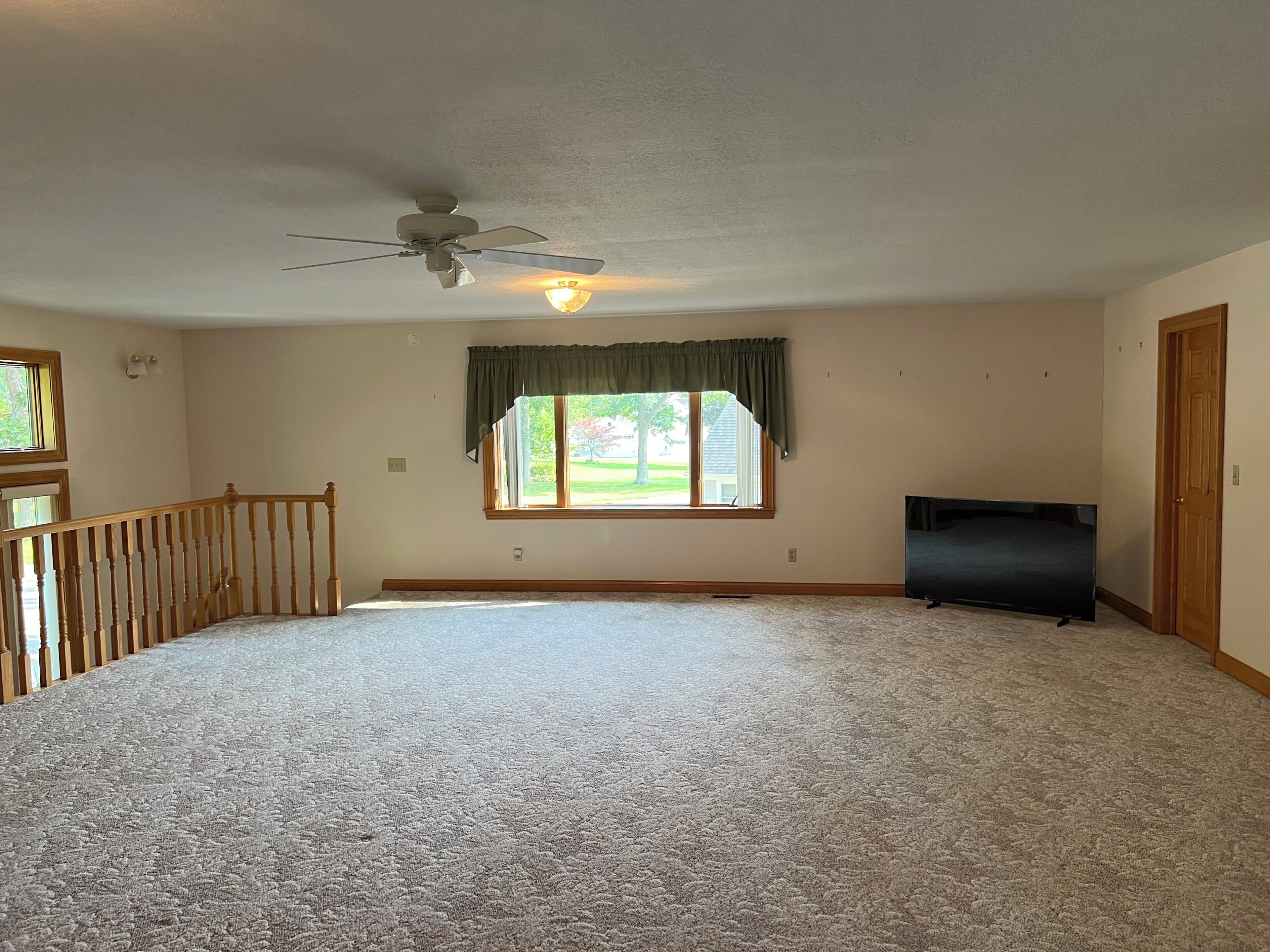 A room with a large carpeted area, a ceiling fan, a window with a view, and a door.