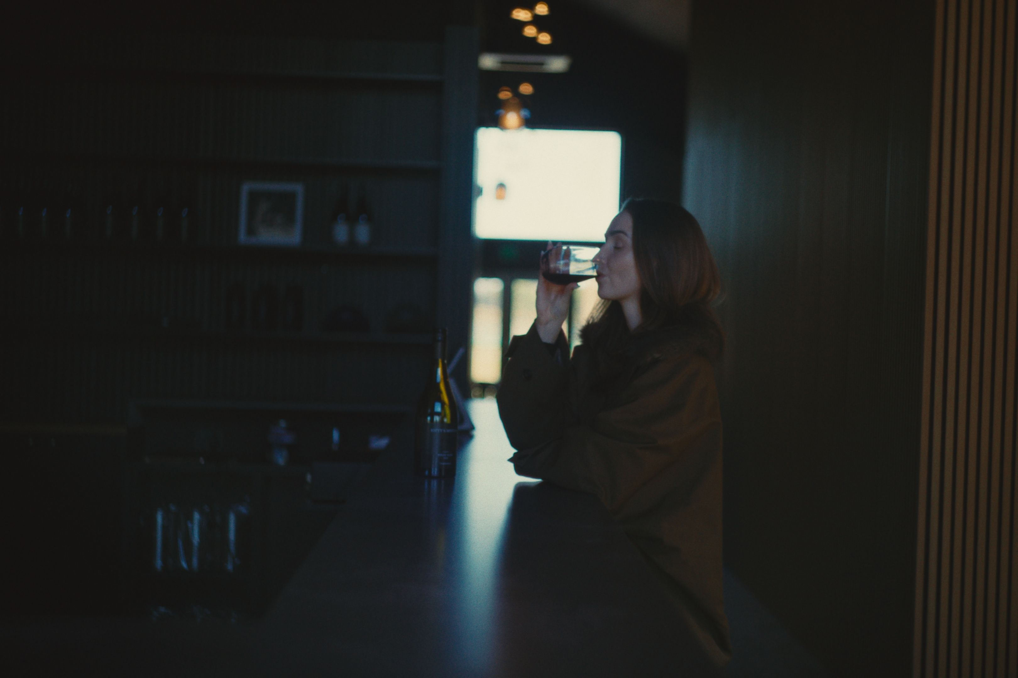 A person sitting at a bar with a laptop in front of them.