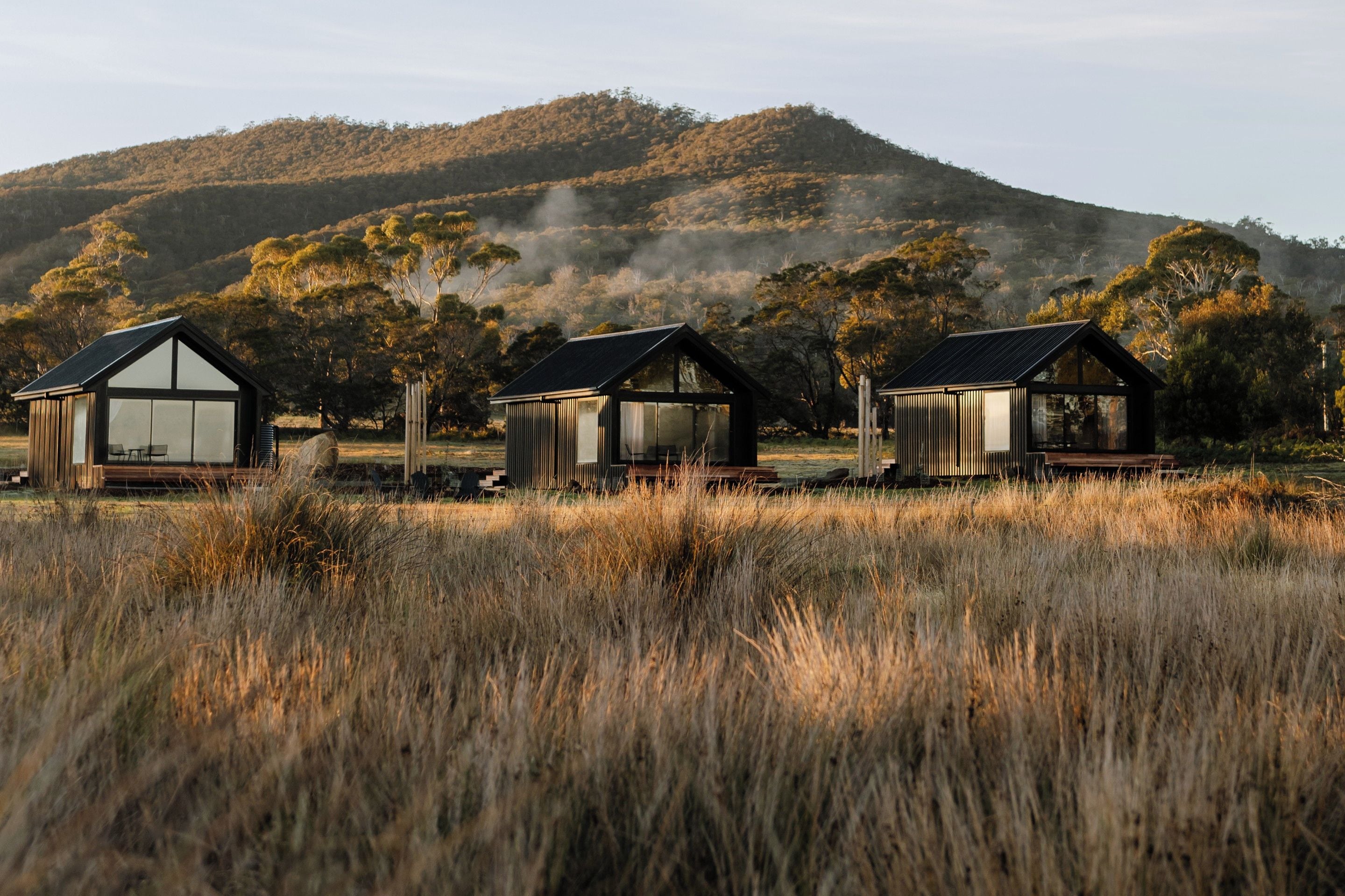 A row of modern cabins with large windows, set in a grassy field with a hilly backdrop.