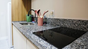 Eine Küche mit einer Granitabdeckung, einer schwarzen Induktionskochplatte und einem grünen Reinigungseimer.