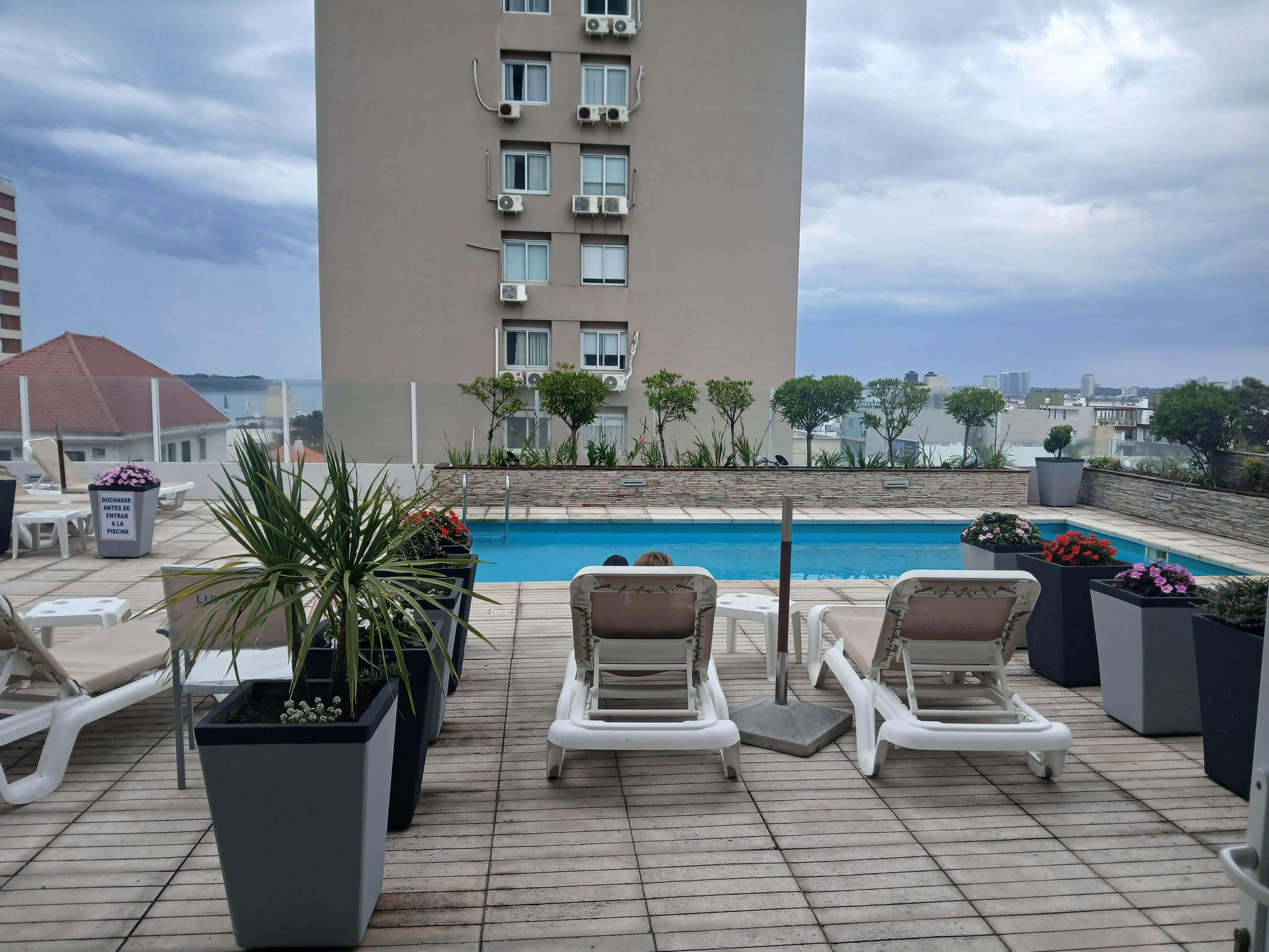 Un espace piscine aménagé sur le toit, avec des chaises longues, des plantes en pot et une vue sur le paysage urbain.